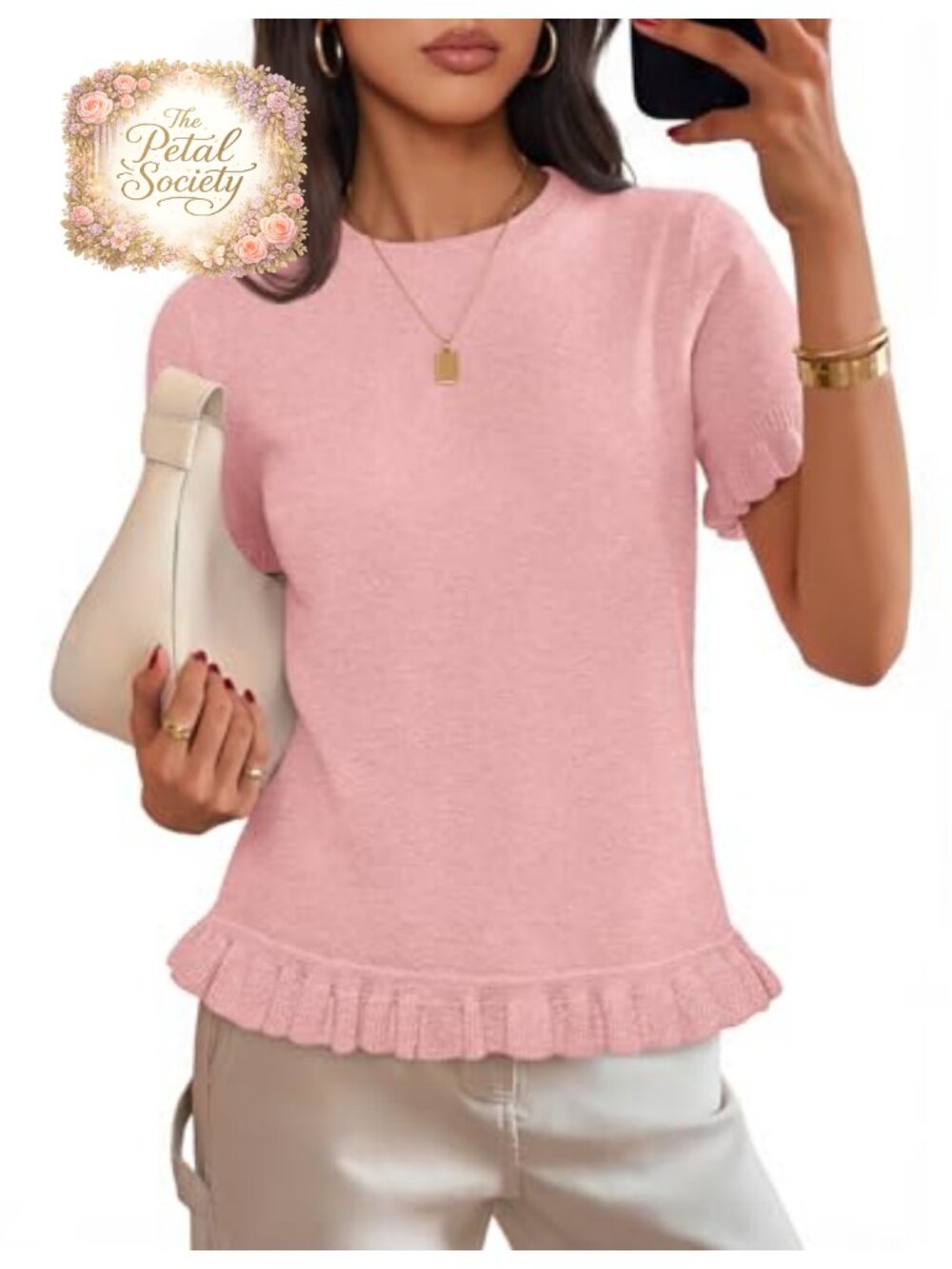 Ruffle Sleeve Soft Knit Sweater Pullover Crew Neck Women's